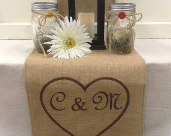 Burlap Table Runner 12", 14" or 15" wide with initials inside heart - Wedding runner Engagement party Bridal shower Wedding gift Home decor