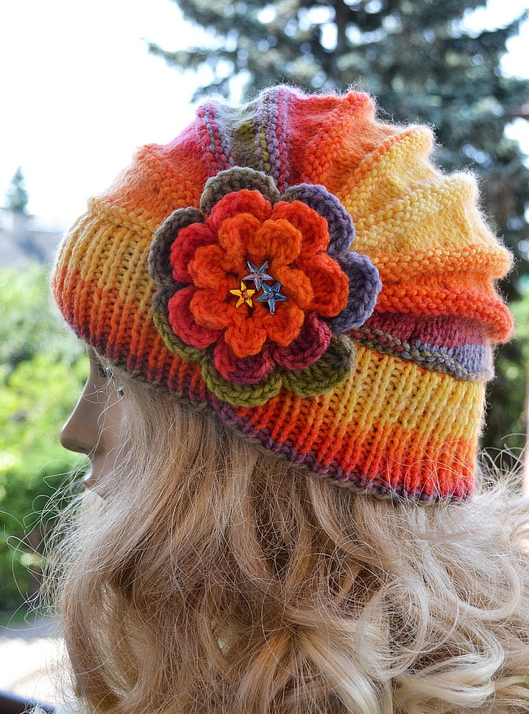 Knitted flower cap hat lovely warm autumn accessories women