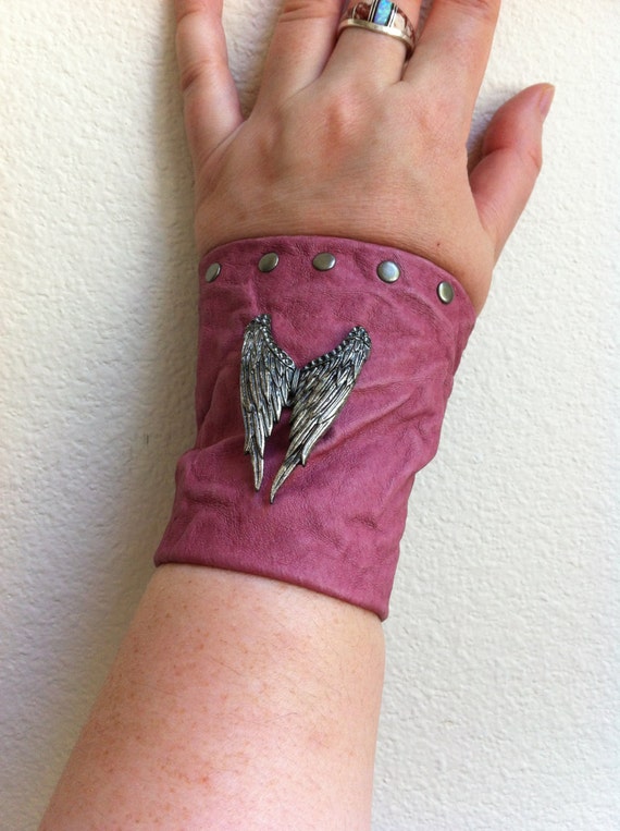 Rose Salmon Pink Wrinkled Leather Soft Bracer Cuff with Antique Silver Angel Wings and Pewter Spot Studs. by DejaLaVogue steampunk buy now online
