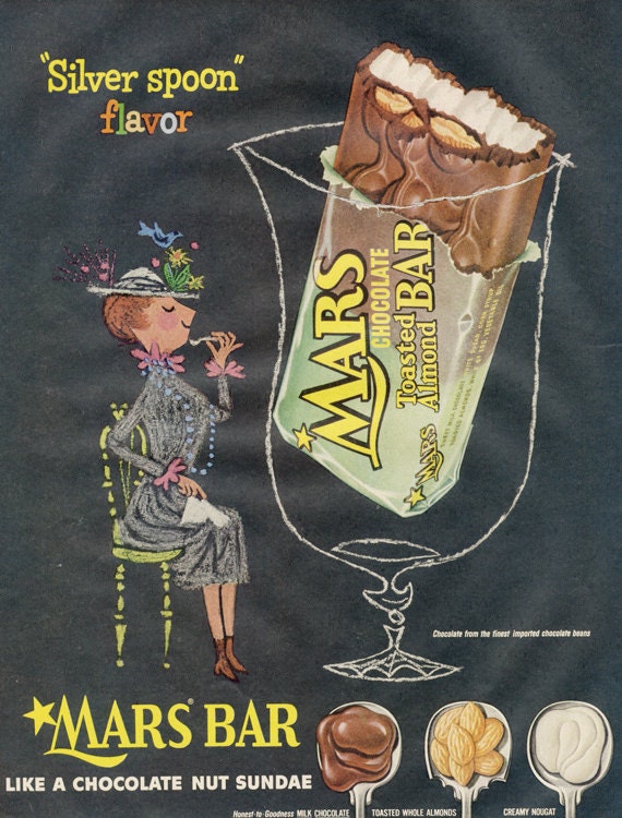 Items similar to 1950s Mars Bar Toasted Almond Candy Bar Ad Kitsch