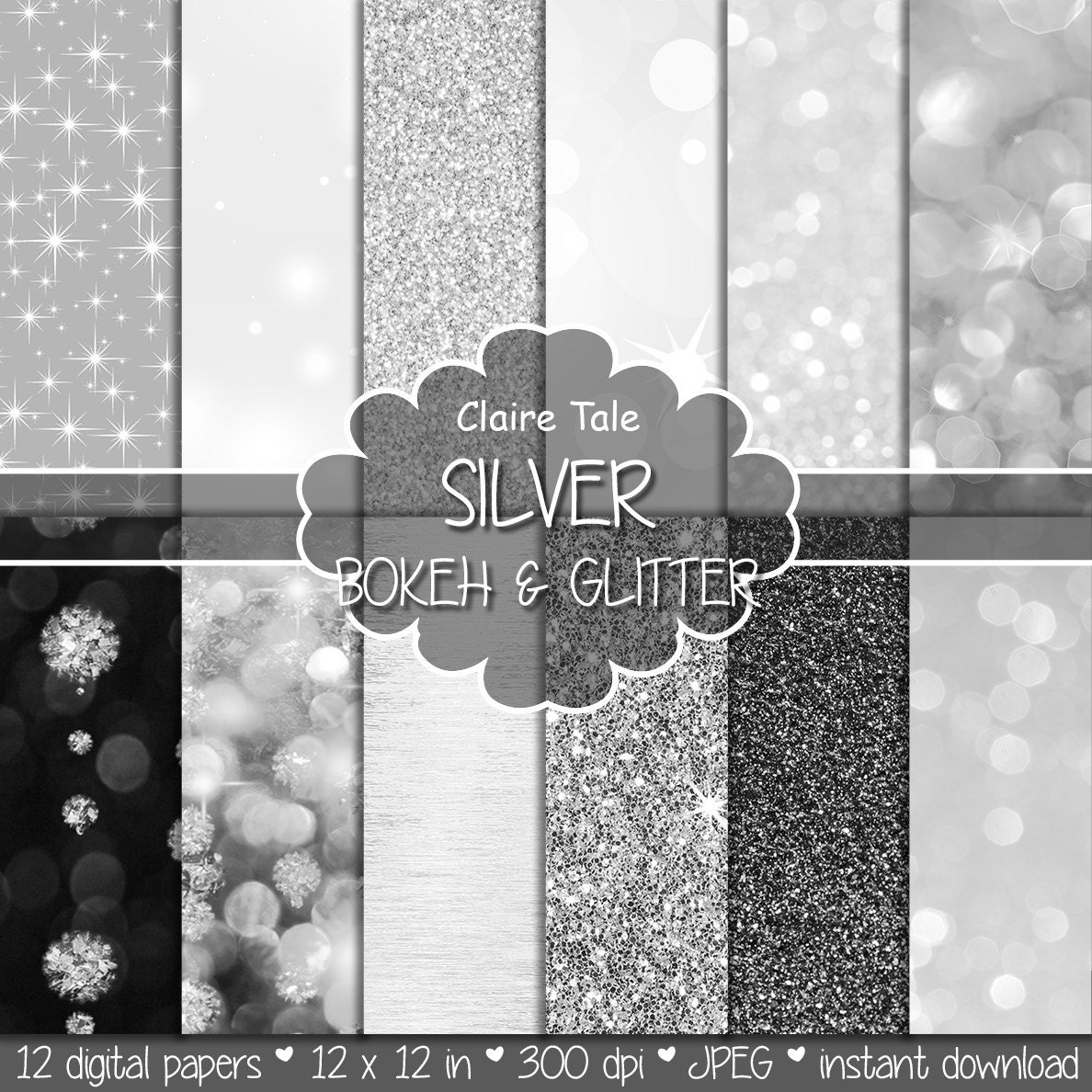 Download Silver digital paper: SILVER BOKEH & GLITTER with