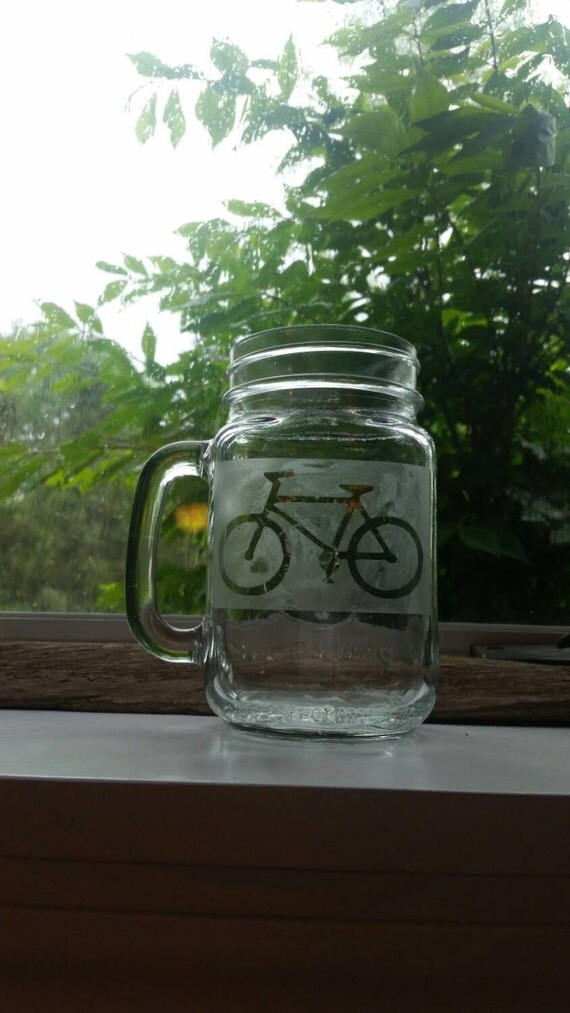 Bicycle etched mason jar mug