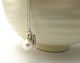 Guardian angel memorial necklace, inspirational necklace memorial jewelry, freshwater pearl miscarriage necklace, silver remembrance jewelry