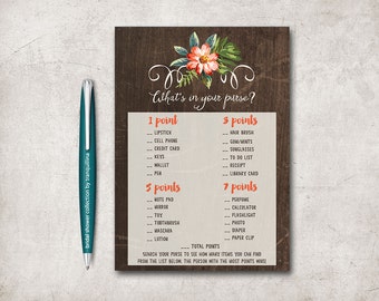 Bridal Shower Purse Game Printable, Whats in your Purse Game, Printable Purse Game, Rustic Purse game, Bridal Shower Games, Digital File