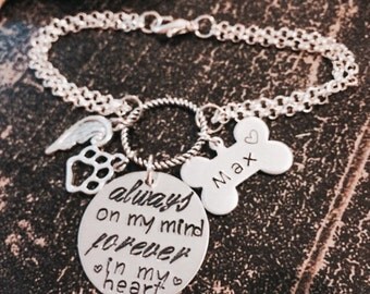 Pet Memorial Jewelry - Bracelet with Personalized Name Charm - Always on My Mind, Forever in My Heart