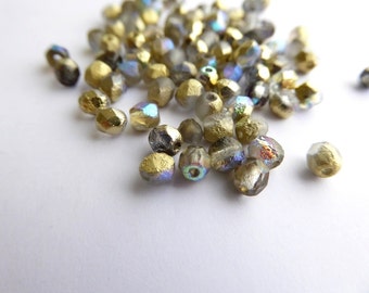 120 x Etched Crystal Golden Rainbow Round Faceted Czech Glass Beads 4mm, Etched Round Beads, 4mm Gold Beads RND0259