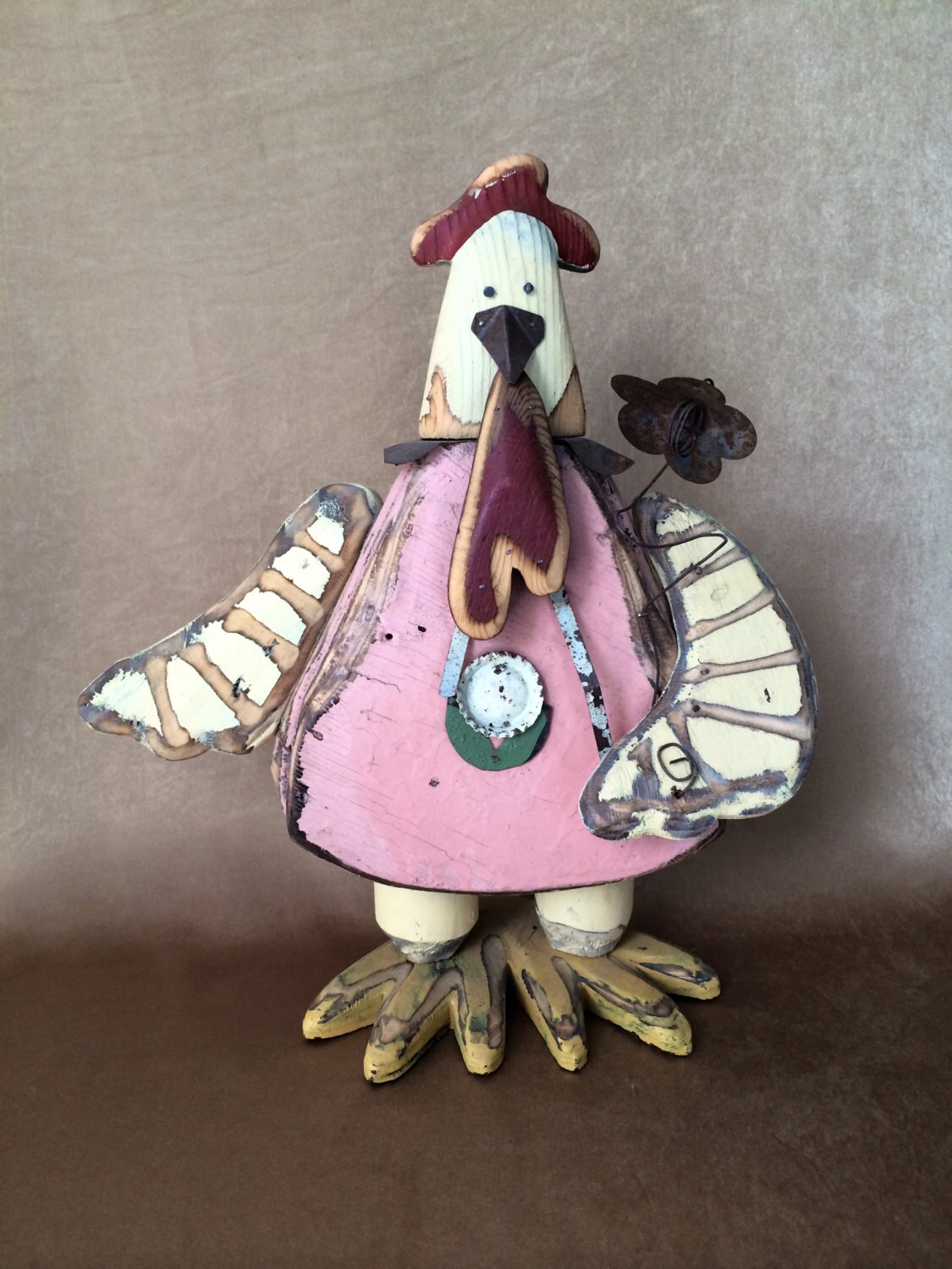 Folk Art Chicken Primitive Chicken Wood and Metal