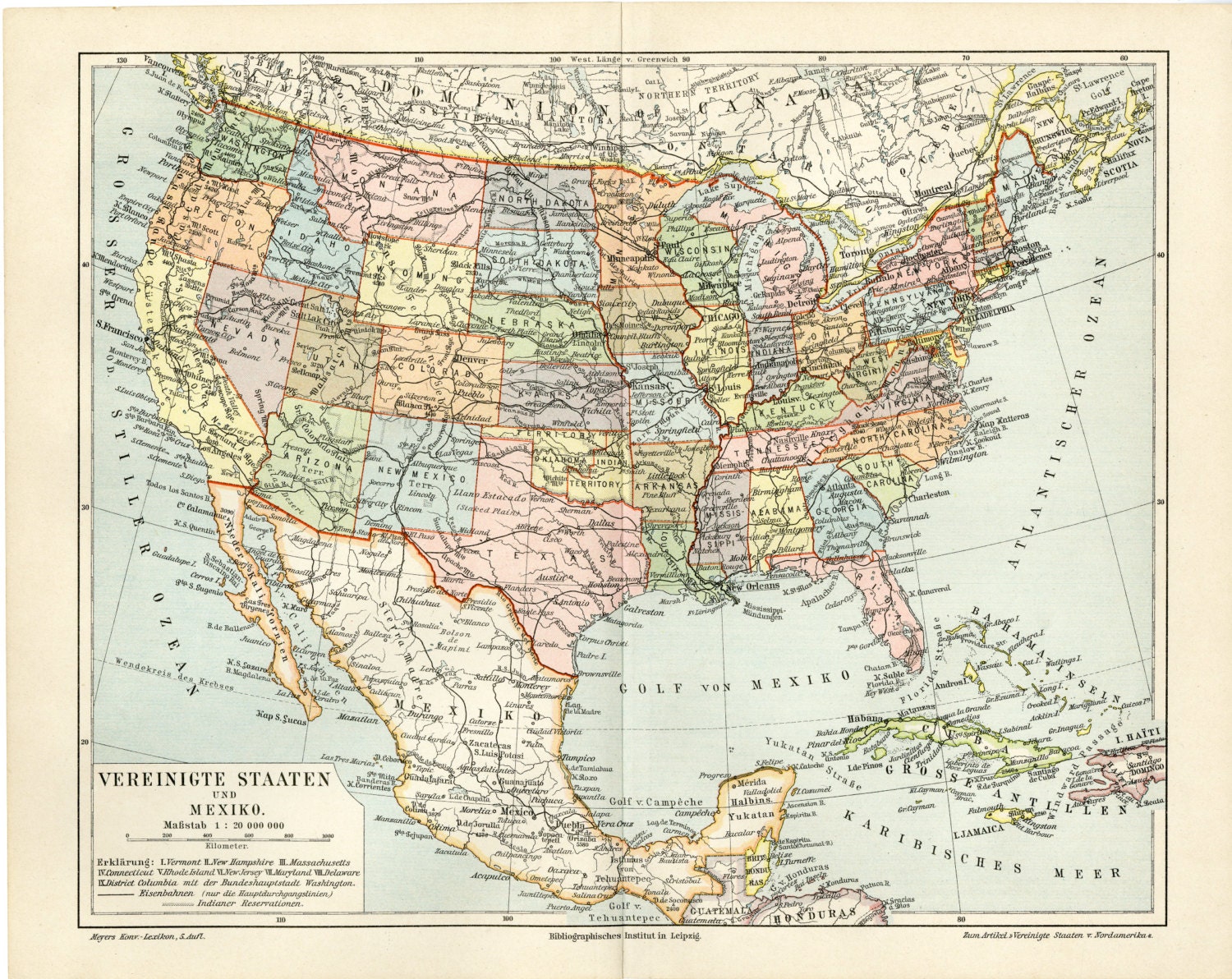 united states mexico antique map print c1895 gorgeous old