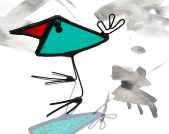 BABY BIRD - Little Standing Stained Glass Bird - Unique Gift - Cute Character - Quirky Window Ornament