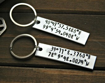 Latitude Longitude Keychain Custom Gift Stamped Silver Long Distance Relationship Anniversary Gift Wedding Love Message Personalized Place