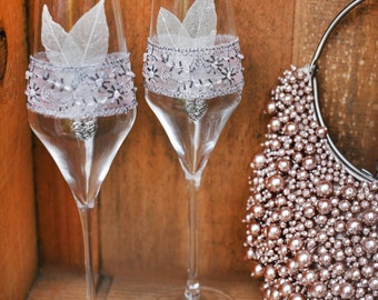 Great Gatsby 2 wedding champagne glasses, Toasting flutes for wedding, Silver wedding glasses, Vintage wedding glasses, 2 Luxury glasses