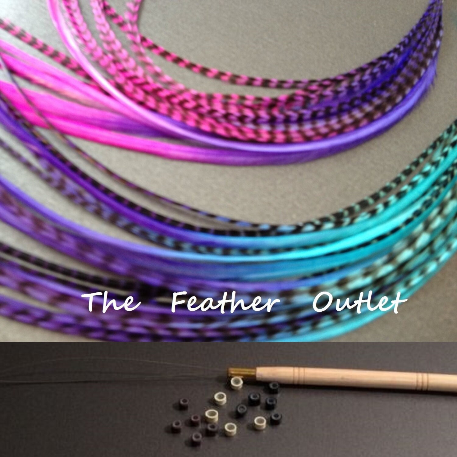 Feather Hair Extensions Kit Lot 20 Grizzly long Real Tie Dye