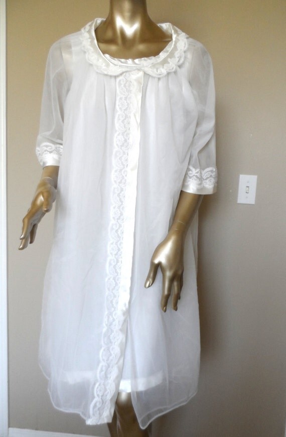 Vintage Sexy Sheer White Negligee And Peignoir Set Size M 36