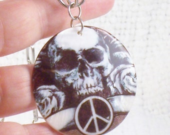 Vintage Big Skull with Roses and Peace Sign Necklace on Mother of Pearl Halloween Necklace Goth Necklace Skull Necklace Peace Sign Necklace