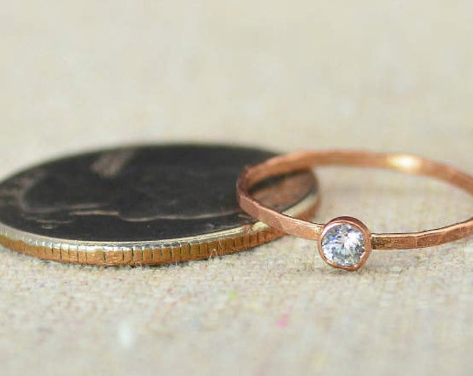 Dainty Copper CZ Diamond Ring, Hammered Copper, CZ Diamond Jewelry, CZ Diamond Mothers Ring, Aprils Birthstone, Copper Jewelry, Pure Copper