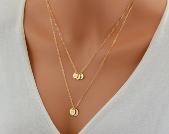 Personalized Layering Necklace Set, Initial Disc Necklace, Mother Necklace, Delicate Gold or Silver Necklace, Grandma Necklace