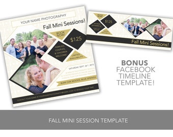 INSTANT DOWNLOAD Fall Mini Session Template Black Gold Geometric Diamonds & Triangles Customizable Photoshop + BONUS Facebook Timeline Cover
