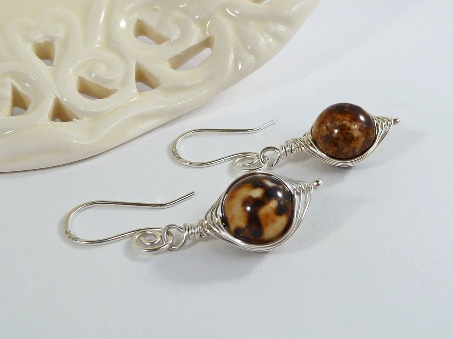 Brown Gemstone Earrings Mystic Agate Earrings Sterling