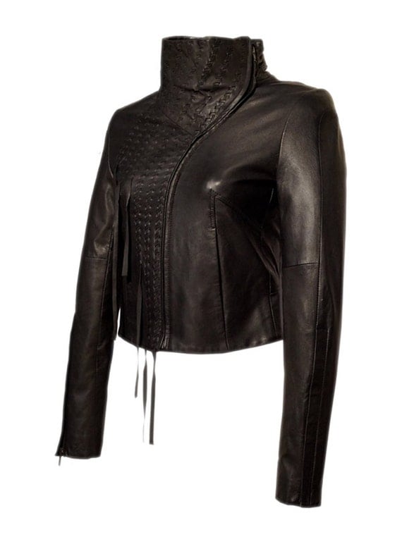 Women Leather Tassel Leather Hand weave Jacket with by aarna101