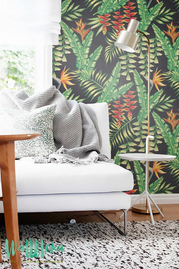 Heliconia Flower and Exotic Leaves Wallpaper Removable