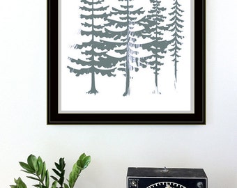 Evergreen Trees Screenprint - Art Print Silkscreen - Red Sun Northwest Forest Poster Woodland Art Print