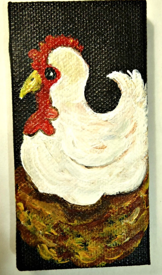 Chicken painting White Hen in Nest on mini by SharonFosterArt