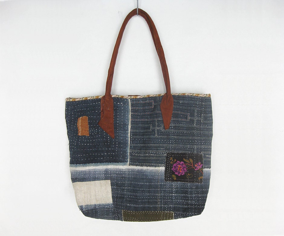 Tote Hand Stitched Indigo Patched Bag with Brown by avivaschwarz