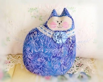 Cat Pillow Doll Cloth Doll 7 inch Cat, Biue/Lavender Batik Fabric, Primitive Soft Sculpture Handmade CharlotteStyle Decorative Folk Art