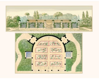 French Garden Plans with House. Garden House Art Print from Paris 1809 Original Watercolor. Plans de Jardins. Garden Architectural Plans