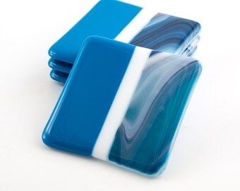 Cool Coasters, Fused Glass, Blue Coasters, Coaster Set, Home Bar Accessories, Tabletop Display, Blue Home Decor, Cool Gifts for Men