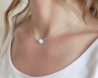 Delicate Moon Stone Necklace. Silver Necklace. Dainty Silver Plated Chain. Simple Necklace. Minimalist Jewelry. Beaded Necklace. Cute
