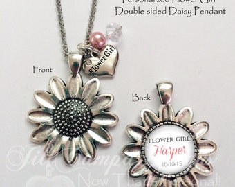FLOWER GIRL GIFT, flower girl necklace, personalized flower girl pendant, Daisy necklace, flower girl charm