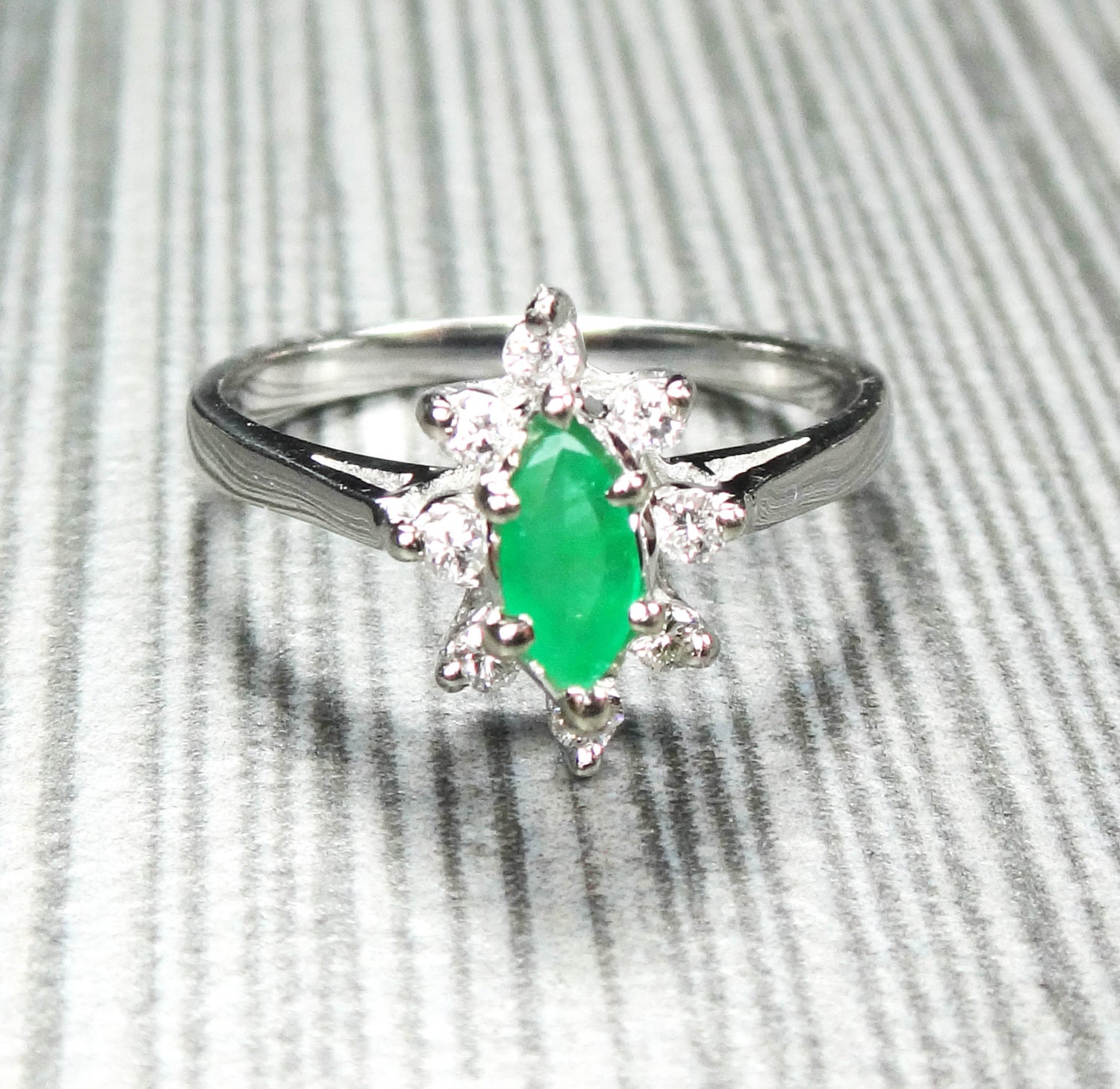 Vintage 14k Gold Emerald Diamond Ring Marquise Genuine Emerald