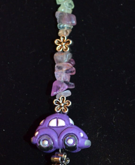 Sun Catcher VW Beetle, Daisies with Multi Fluorite Chips & Purple Polymer Clay Bug Charm