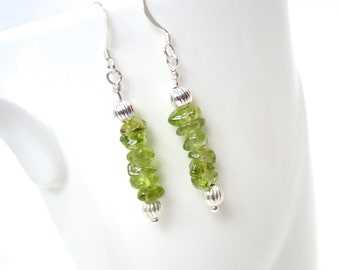 Peridot earrings with silver beads on sterling silver wires peridot chip earring dangle drop earring green earrings peridot jewelry