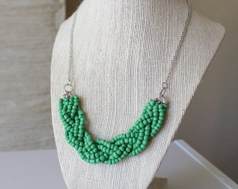 Green Statement Necklace, Green Braided Bead Necklace, Green Multistrand Necklace