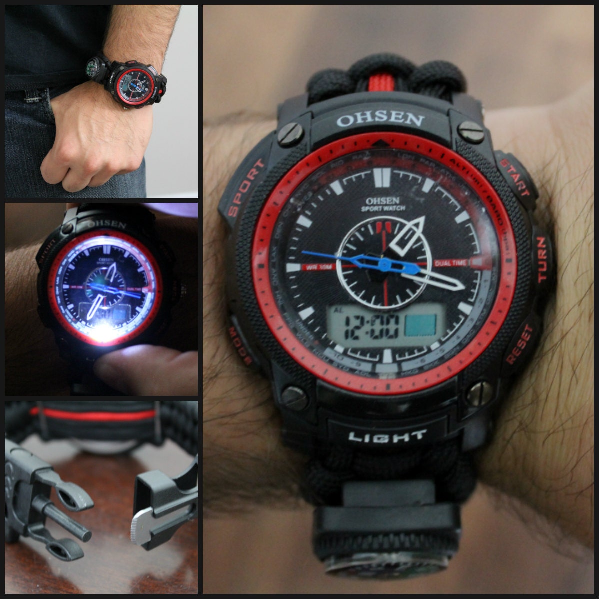 Survival FireFighter Red Paracord Watch w/ Fire starter