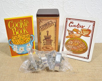 Vintage Cookie Baking Kit- Potpourri Press Cookie Tin Set with Recipe Book, Tin, Trivet, and Cookie Cutters, New Old Stock in Original Box