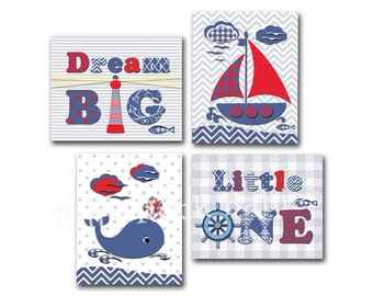 Nautical nursery wall art dream big little one quote baby boy room decor sailing artwork kids poster new baby gift sail boat anchor whale
