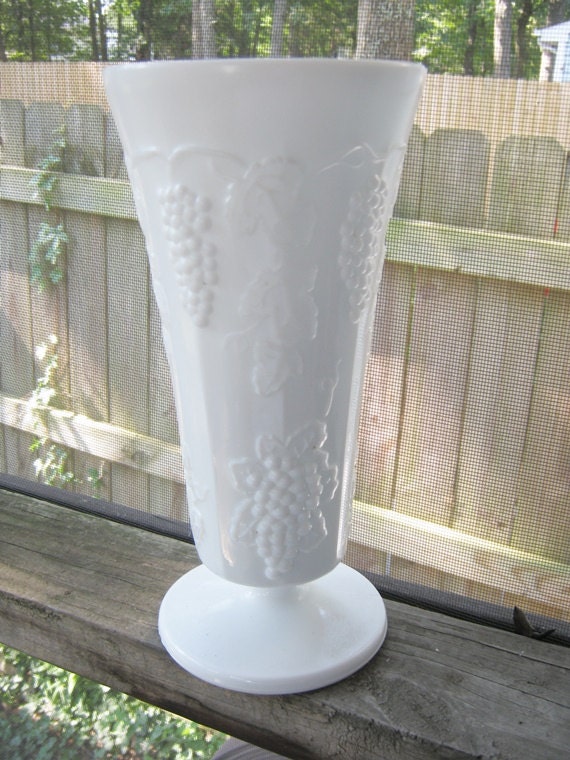 Milk White Footed Vase Raised Grape Design Heavy by Mybeachandmore