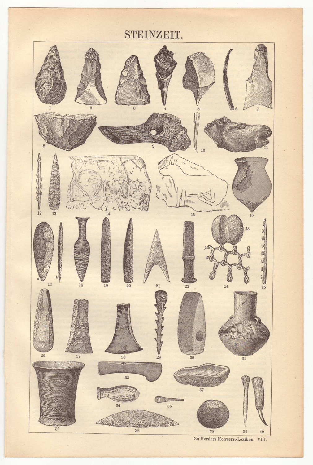 Stone age tools original 1922 archaeology print Culture