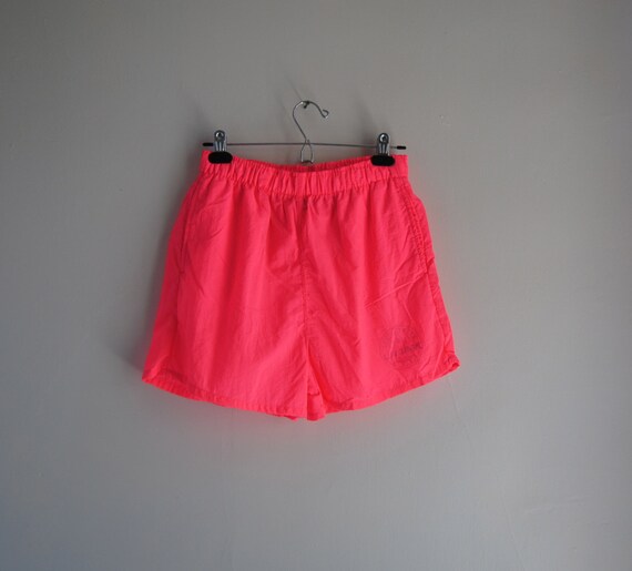 80s Neon Pink High Waisted Nylon Shorts Vintage Fluorescent