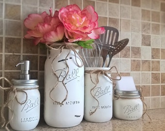 Mason Jar Kitchen Set-Housewarming Gift-Mason Jar Decor-Mason Jar Soap Dispenser-Painted Mason Jars-Farmhouse Decor-Country Kitchen Decor