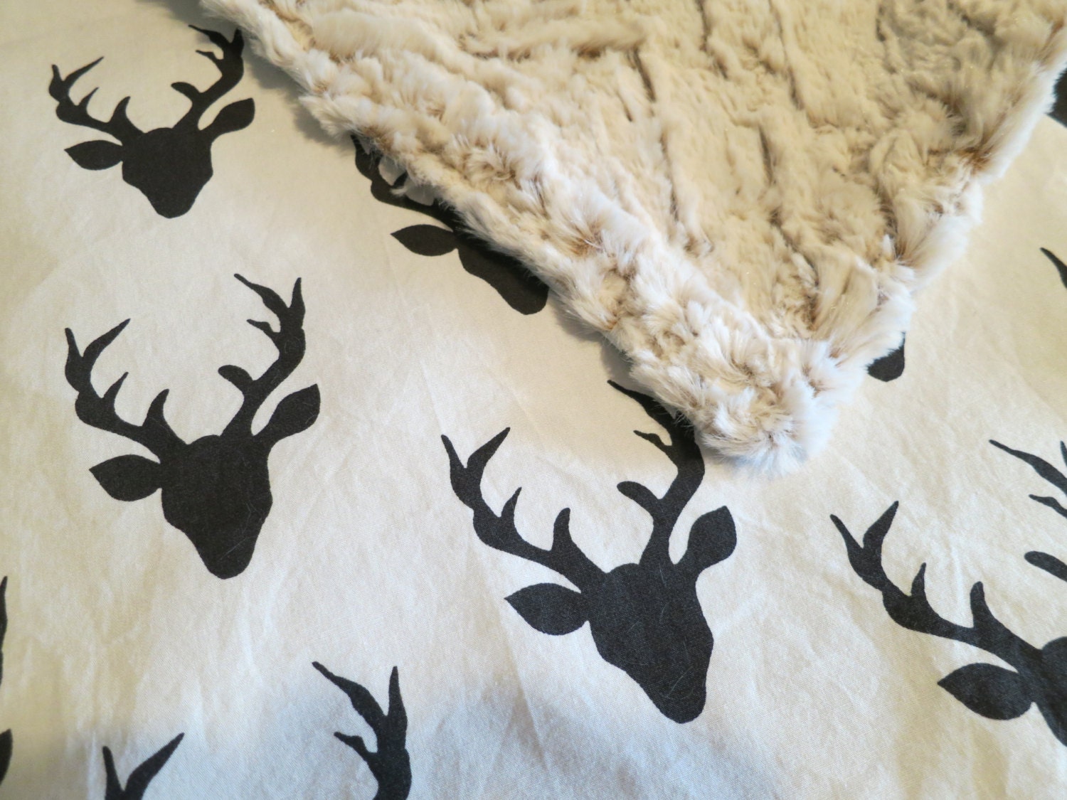 Minky Baby Blanket Deer/Stag Head Black and White Woodland