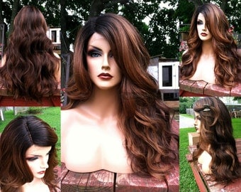 Ombre Lace Front Wig // Auburn Brown Curly + Heat SAFE // Wavy Black Dark Roots // Deep Lace Part