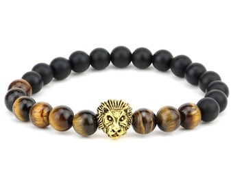 Genuine Tiger Eye & Agate Onyx Lucky Stone Golden Lion Spiritual Energy 10mm Beads Bracelet Fits all Men Women stretchable