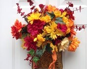 Flower arrangement, floral doorhanger, floral tin bin doorhanger, floral autumn decor, floral fall decor, floral harvest decor, flower bag Flower arrangement, floral doorhanger, floral tin bin doorhanger, floral autumn decor, floral fall decor, floral harvest decor, flower bag