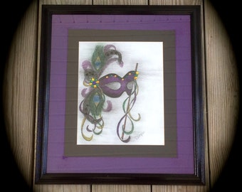 handmade / wall decor / New Orleans / Louisiana / Mardi Gras / mask / purple / green / gold / pencil drawing / framed prints / one of a kind