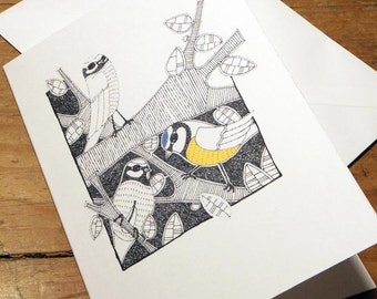 Blue Tits Birds Greeting Card from an original art Illustration ART015
