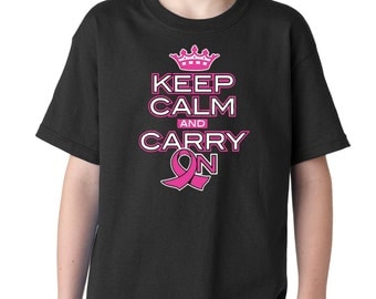 Kid’s Keep Calm and Carry on Breast Cancer Awareness Shirt Printed Youth T-Shirt #1122 Trending Clothing / Apparel USA Seller